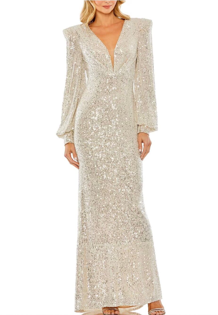 Mac Duggal 26722 Gold Evening Gown Sequined Long Sleeve A-Line Dress Size 16